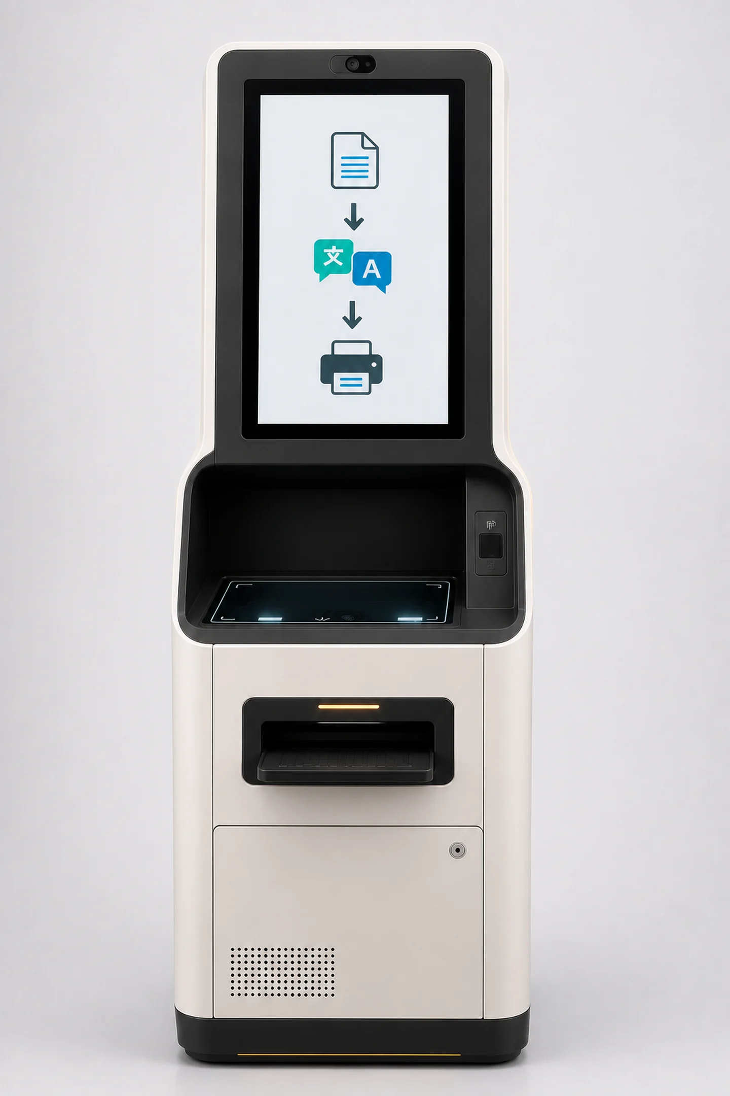 Front view of the xlat.ai translation kiosk with touchscreen, scanner and printer