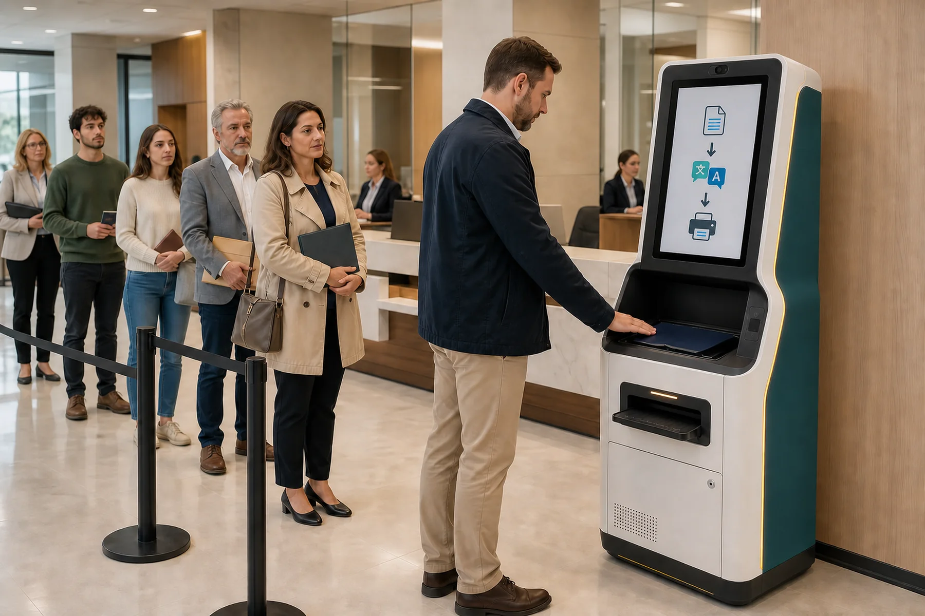 Visitors using a self-service translation kiosk in a notary office