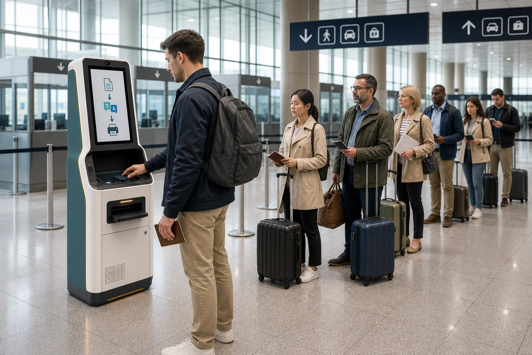 Travelers using a self-service translation kiosk at a port